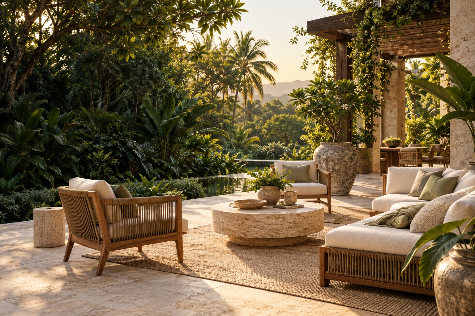 Illustrative teak and ivory outdoor lounge in a lush garden